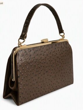 Coret Accessories Top Handle Purse Vintage VTG Ostrich‑Embossed Frame Bag Brown